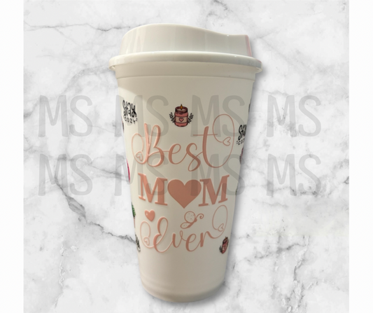 Verre avec couvercle à café glacé entièrement en plastique 16 oz avec modèle « Best mom ever »