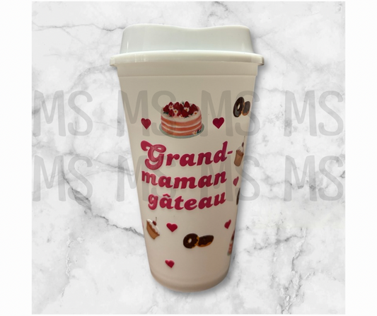 Verre avec couvercle à café glacé entièrement en plastique 16 oz avec modèle « grand-maman gâteau »