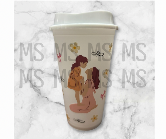 Verre avec couvercle à café glacé entièrement en plastique 16 oz avec modèle mère/fille